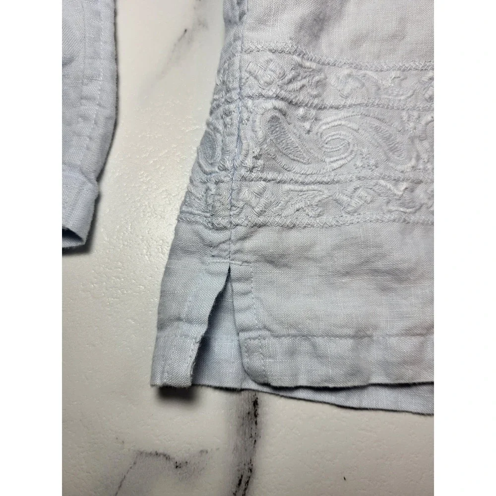 Banana Republic Mens Linen XL Light Blue Short Sleeve‎ Embroidered Hem Shirt